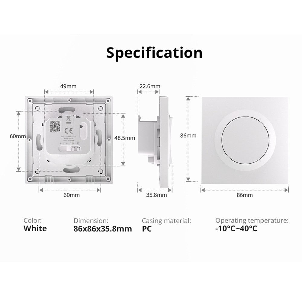 SONOFF E1GSL For Sonoff ZBMINIL2 Retrofit Module 1-Gang Wall Switch Enclosure No Neutral Wire Required, 86mm x 86mm