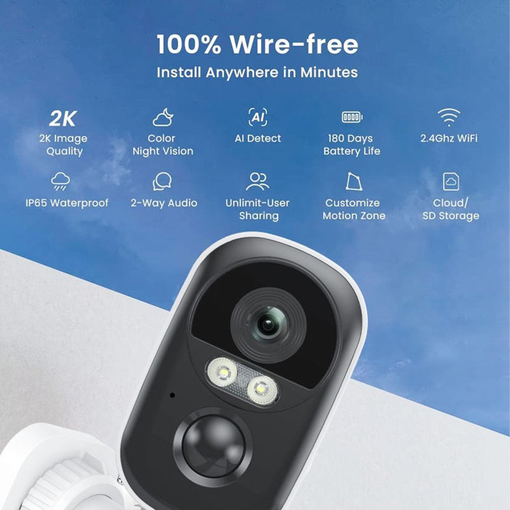 T98 WiFi Tuya APP Control Camera Solar Powered Night Vision AI Digital NVR Cloud 2K 3MP Security Camera, 3.7V 5200mAh