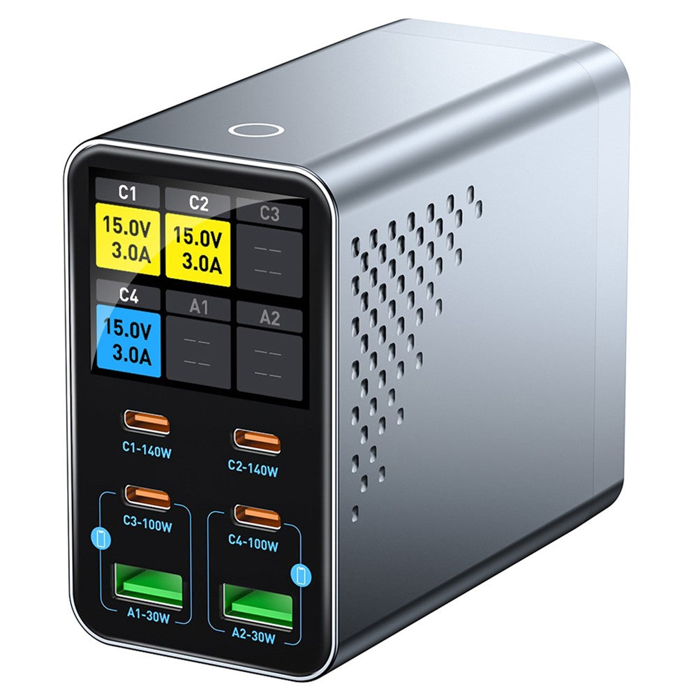 WLX-G3 140W GaN 6-ports Desktopoplader med digitalt display 4 USB-C + 2 USB-A Hurtigladestation til bærbar computer / telefon / tablet
