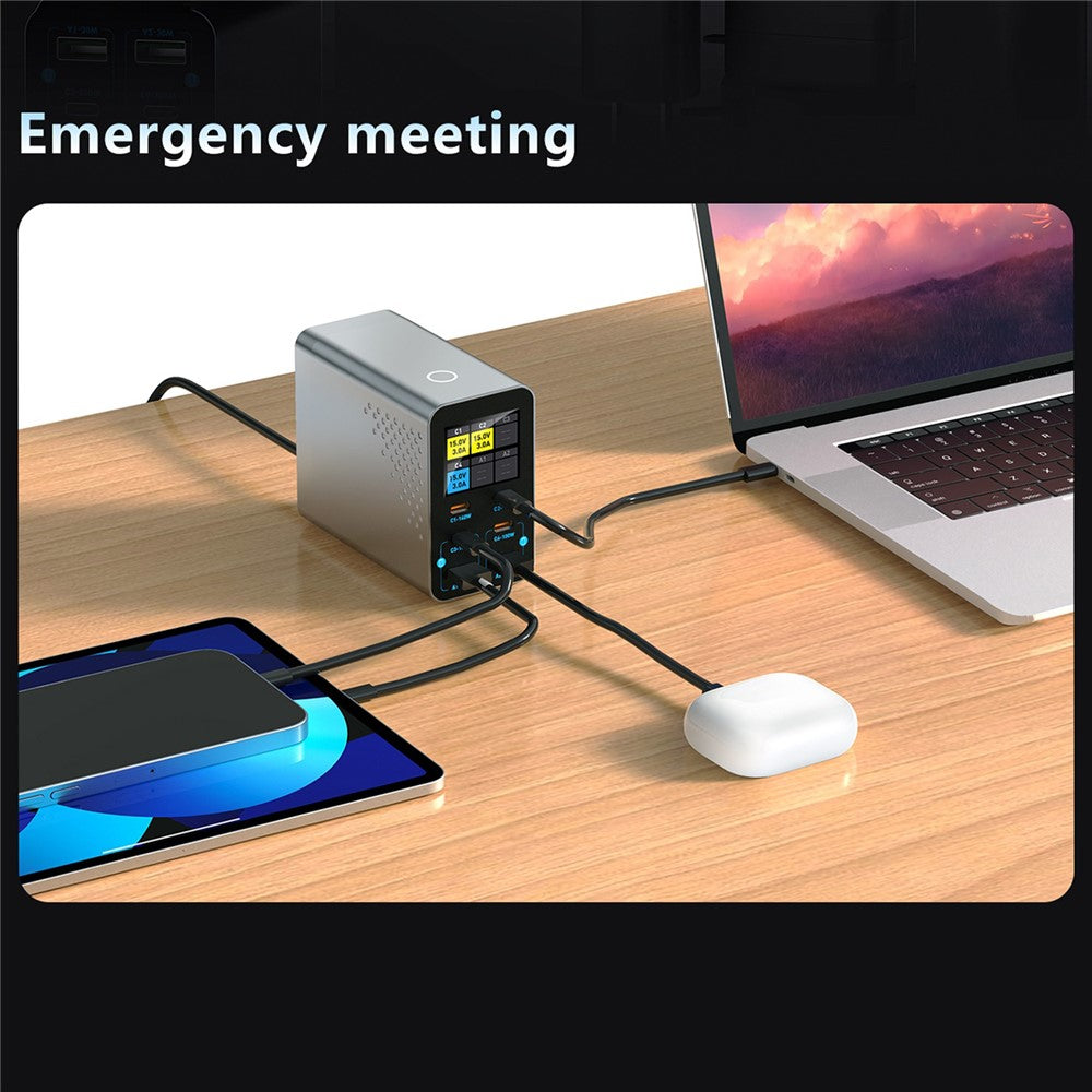 WLX-G3 140W GaN 6-ports Desktopoplader med digitalt display 4 USB-C + 2 USB-A Hurtigladestation til bærbar computer / telefon / tablet