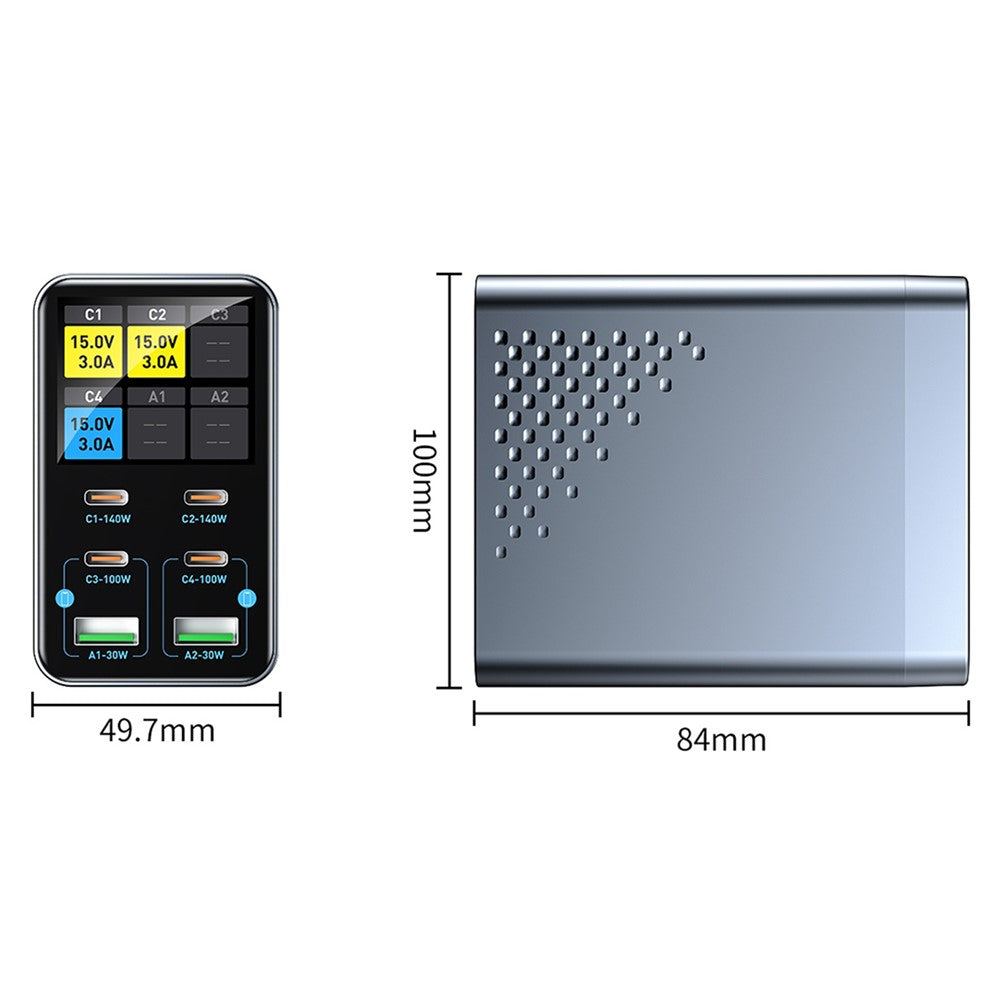 WLX-G3 140W GaN 6-ports Desktopoplader med digitalt display 4 USB-C + 2 USB-A Hurtigladestation til bærbar computer / telefon / tablet