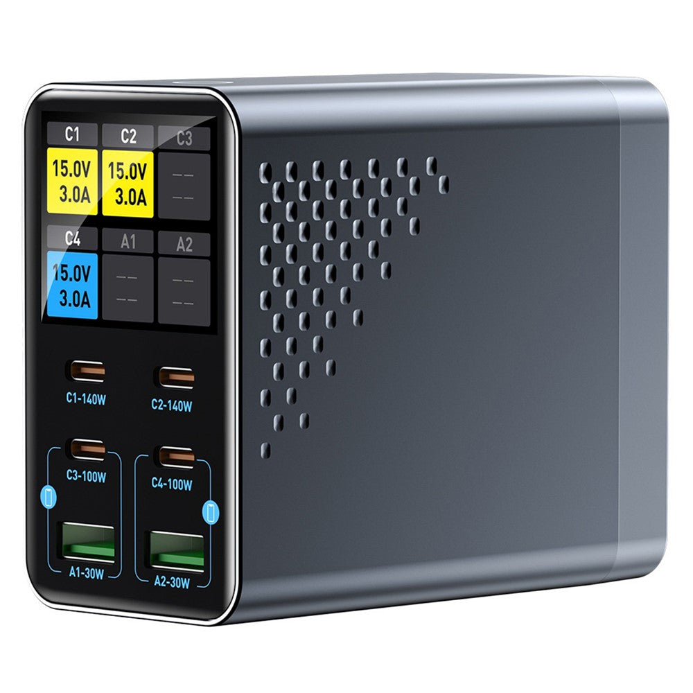 WLX-G3 140W GaN 6-ports Desktopoplader med digitalt display 4 USB-C + 2 USB-A Hurtigladestation til bærbar computer / telefon / tablet