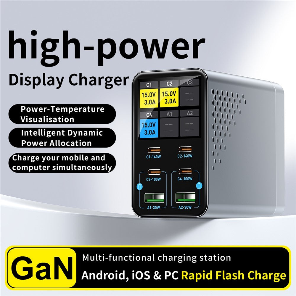 WLX-G3 140W GaN 6-ports Desktopoplader med digitalt display 4 USB-C + 2 USB-A Hurtigladestation til bærbar computer / telefon / tablet