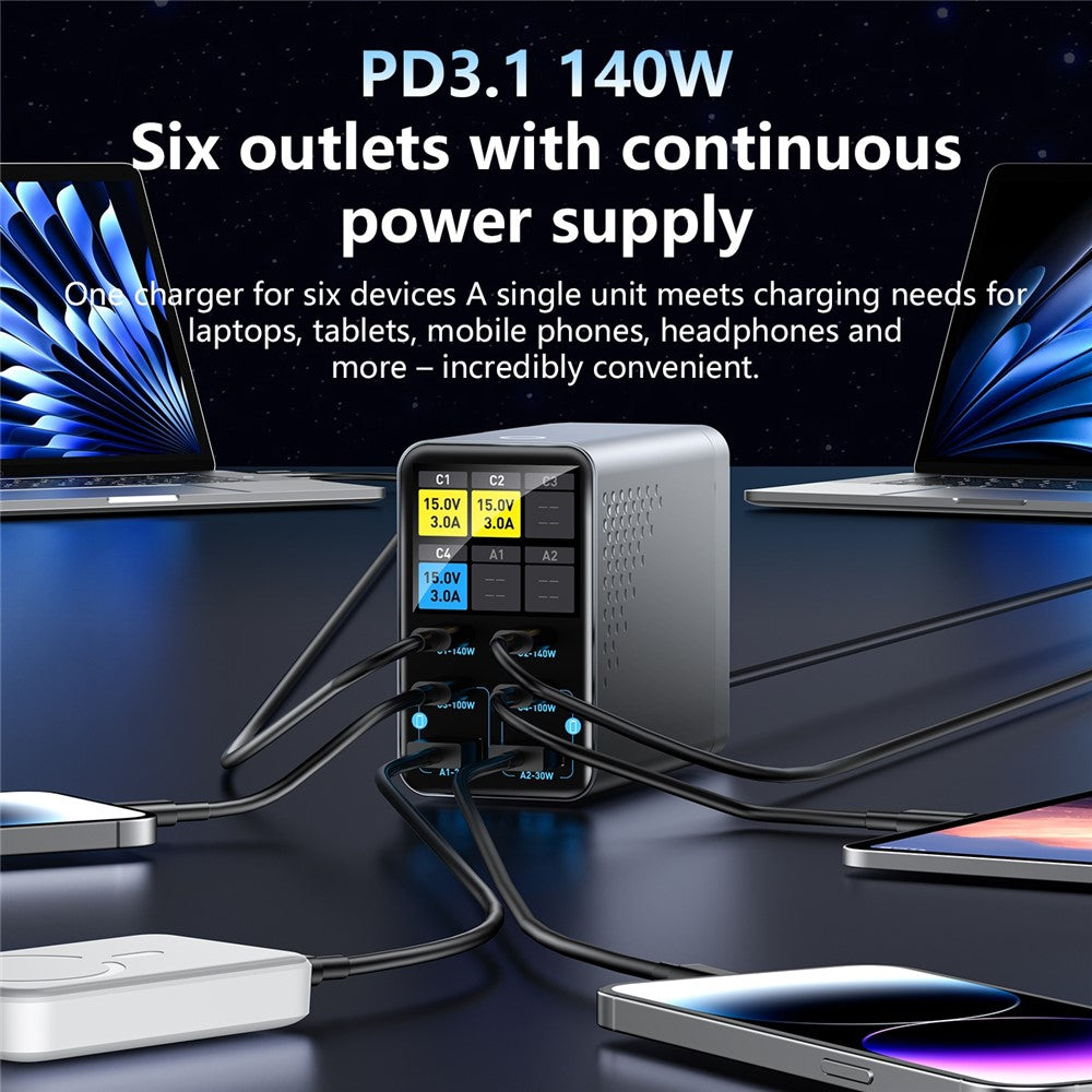 WLX-G3 140W GaN 6-ports Desktopoplader med digitalt display 4 USB-C + 2 USB-A Hurtigladestation til bærbar computer / telefon / tablet