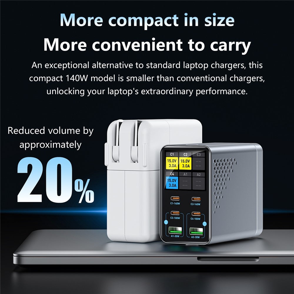 WLX-G3 140W GaN 6-ports Desktopoplader med digitalt display 4 USB-C + 2 USB-A Hurtigladestation til bærbar computer / telefon / tablet