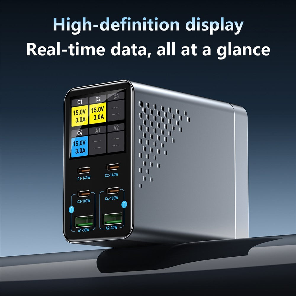 WLX-G3 140W GaN 6-ports Desktopoplader med digitalt display 4 USB-C + 2 USB-A Hurtigladestation til bærbar computer / telefon / tablet