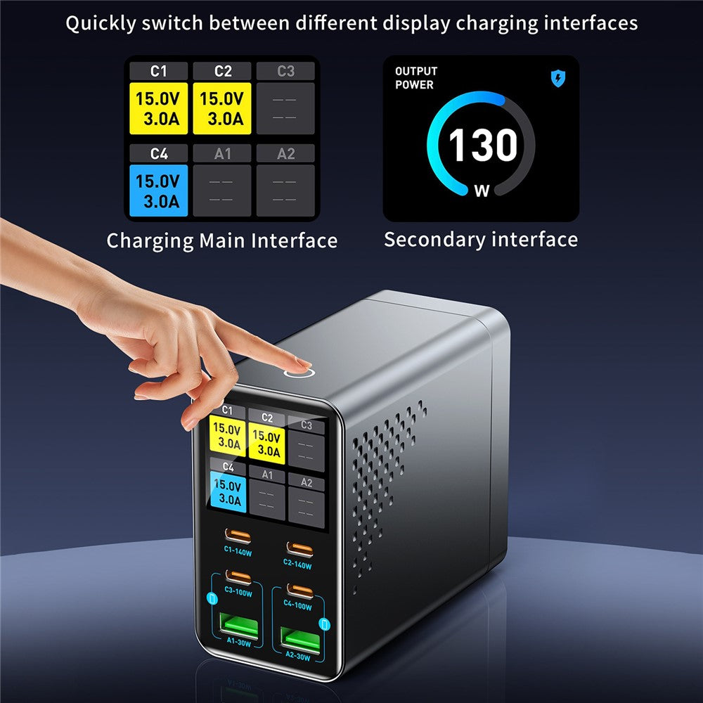 WLX-G3 140W GaN 6-ports Desktopoplader med digitalt display 4 USB-C + 2 USB-A Hurtigladestation til bærbar computer / telefon / tablet