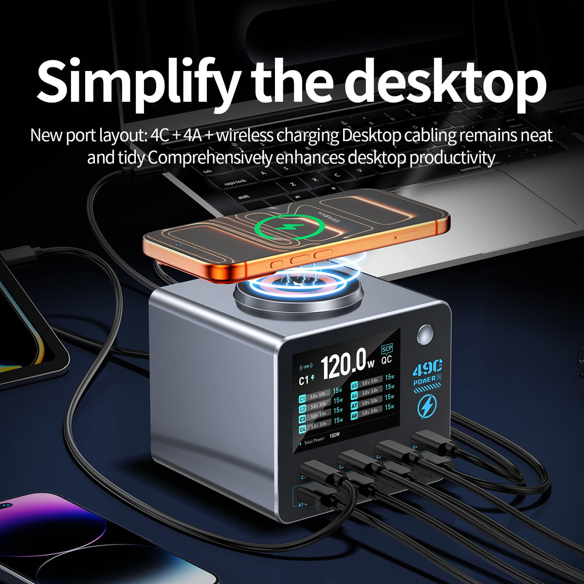 WLX-F1+ Smart Display Trådløs Opladningsstation 100W Hurtigopladende Multi-Port GaN Skrivebordsoplader