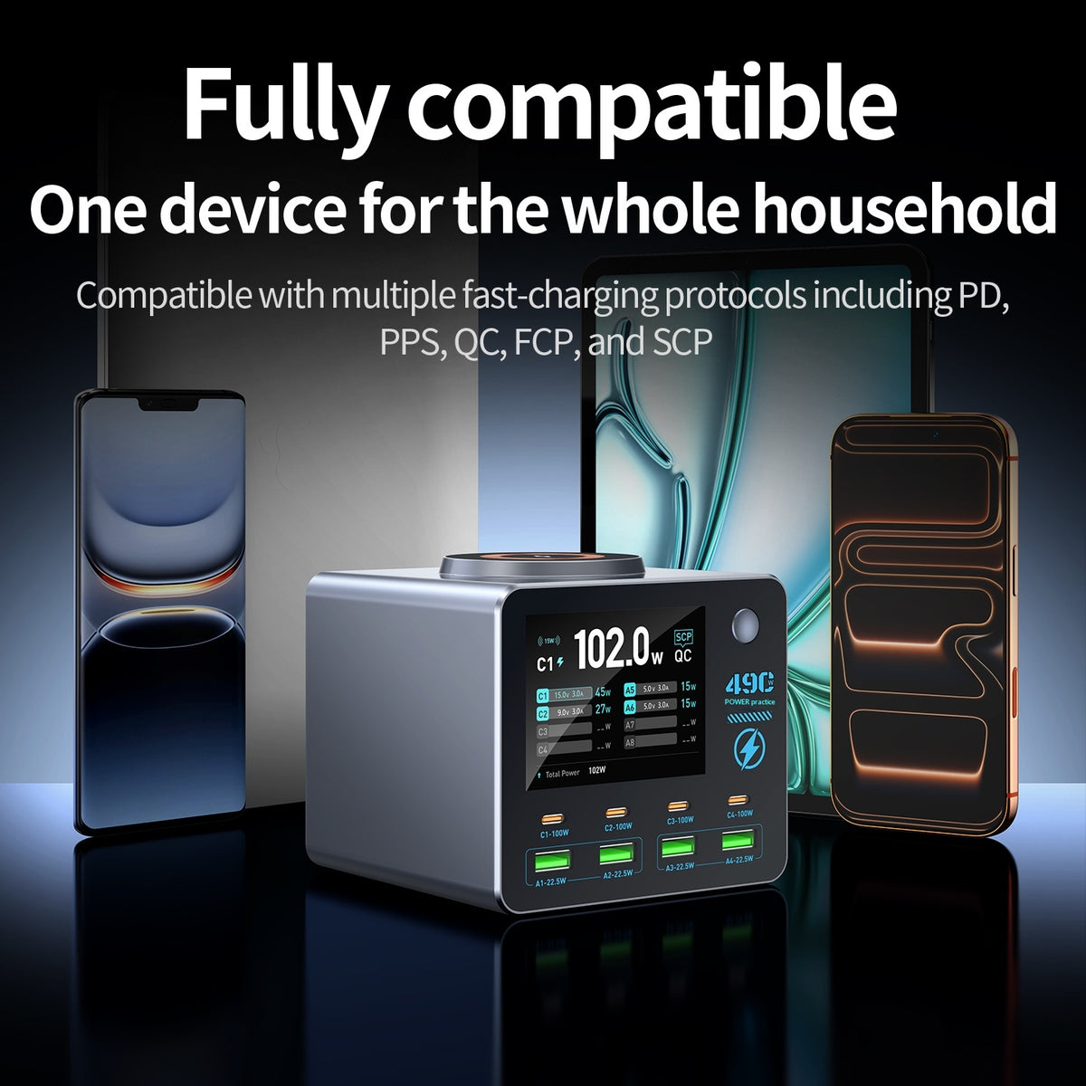 WLX-F1+ Smart Display Trådløs Opladningsstation 100W Hurtigopladende Multi-Port GaN Skrivebordsoplader