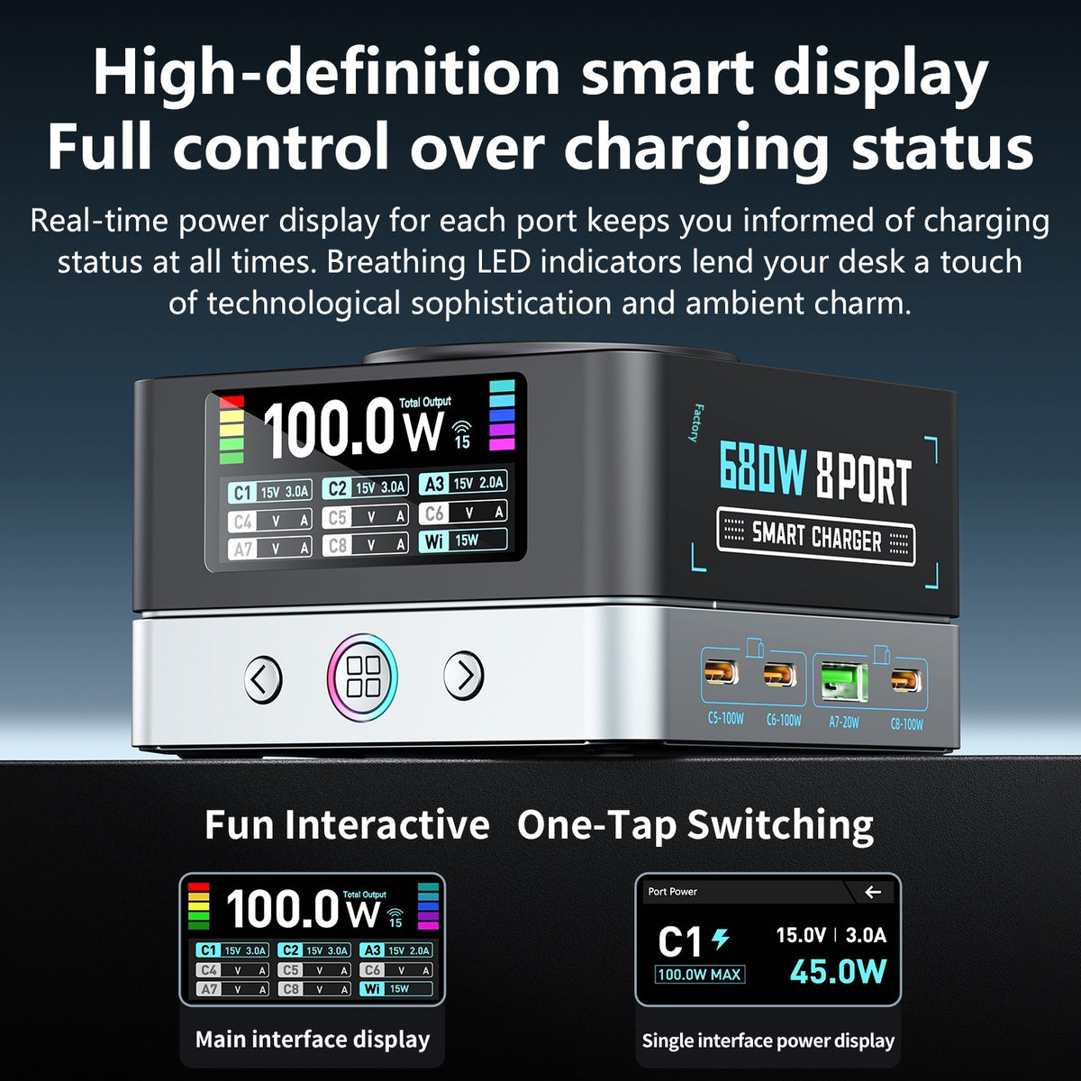 WLX-R8A 9-i-1 smart skærm 140W hurtigoplader til telefon/tablet/bærbar desktop-ladestation med trådløs oplader