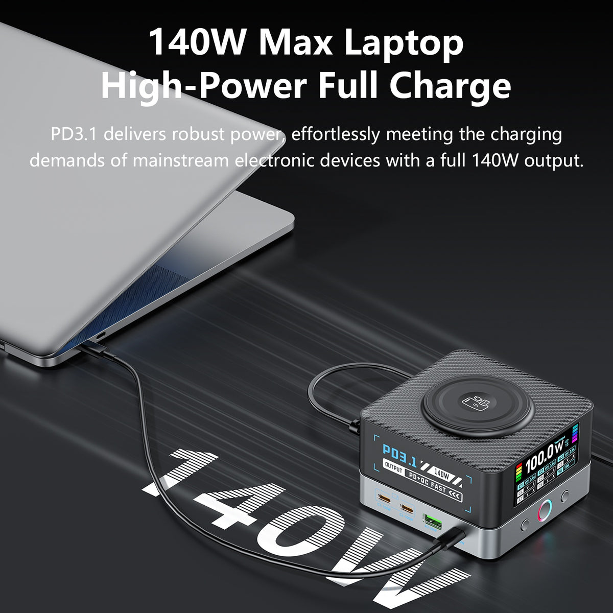 WLX-R8A 9-i-1 smart skærm 140W hurtigoplader til telefon/tablet/bærbar desktop-ladestation med trådløs oplader