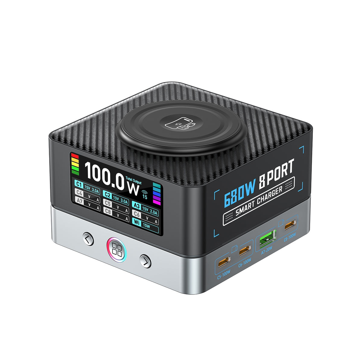 WLX-R8A 9-i-1 smart skærm 140W hurtigoplader til telefon/tablet/bærbar desktop-ladestation med trådløs oplader