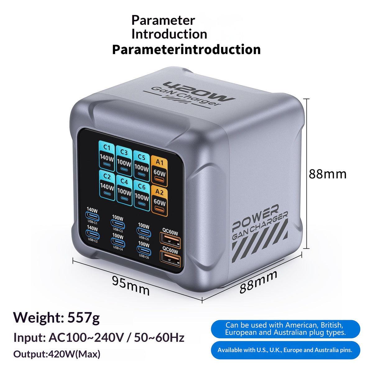 BK-126D 6 USB-C + 2 USB-A 8-Port GaN Skrivebordsoplader 140W Hurtigopladningsstation med Farverig LCD-skærm