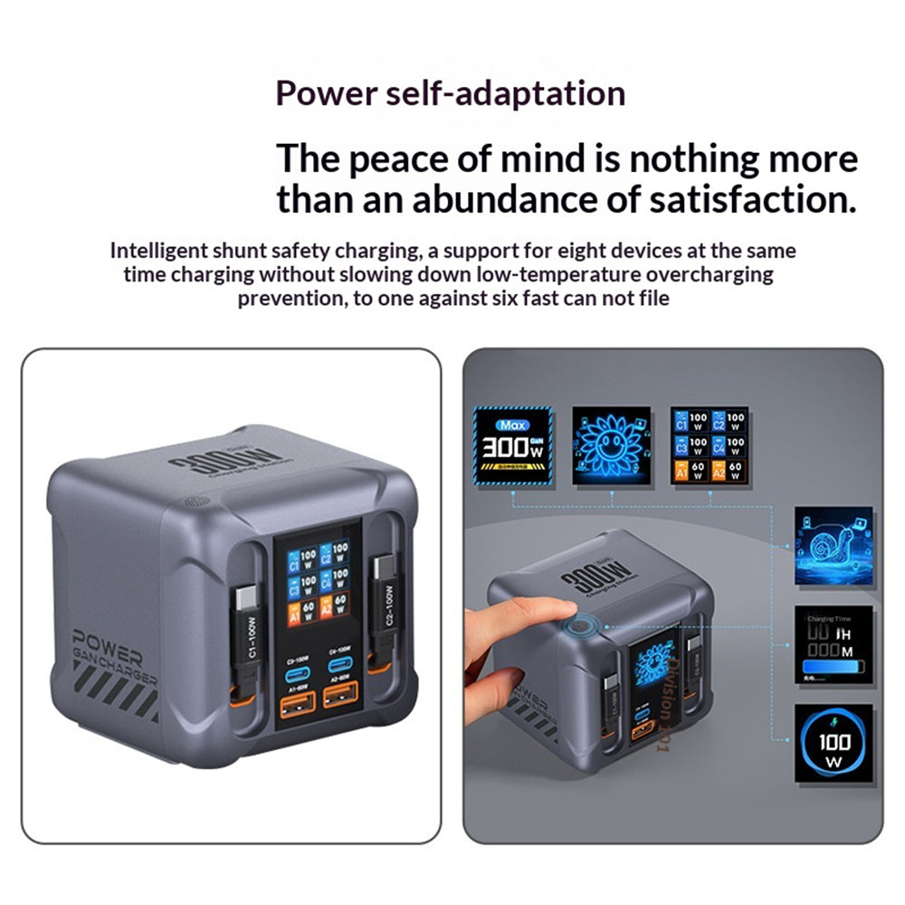 HW866 100W Hurtigopladende Skrivebordsstation LCD-display GaN Multiport-oplader med 2 Udtrækkelige Type-C-kabler