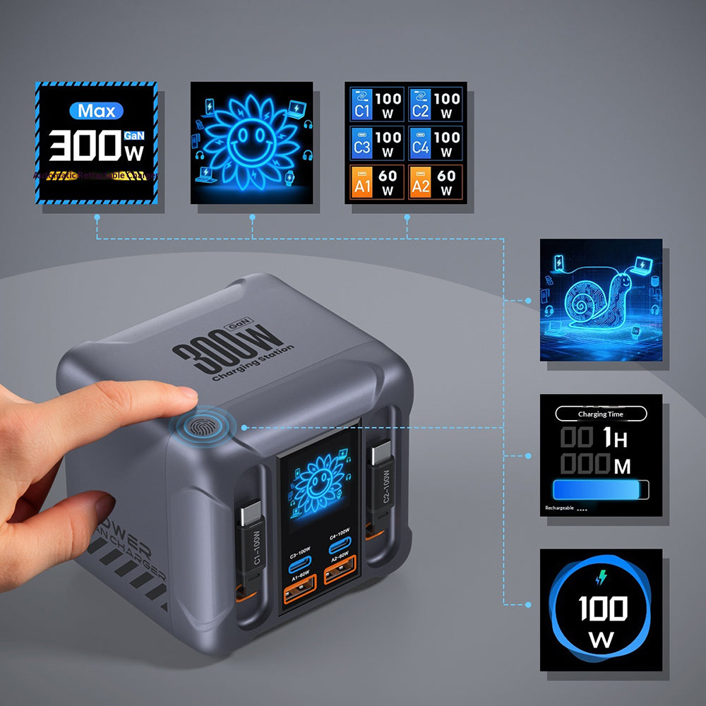 HW866 100W Hurtigopladende Skrivebordsstation LCD-display GaN Multiport-oplader med 2 Udtrækkelige Type-C-kabler