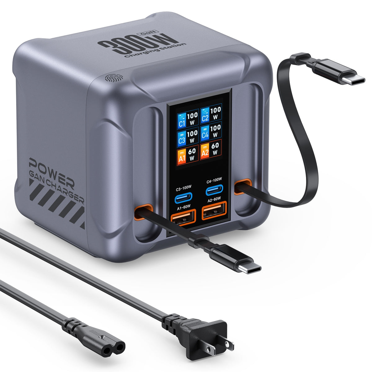 HW866 100W Hurtigopladende Skrivebordsstation LCD-display GaN Multiport-oplader med 2 Udtrækkelige Type-C-kabler