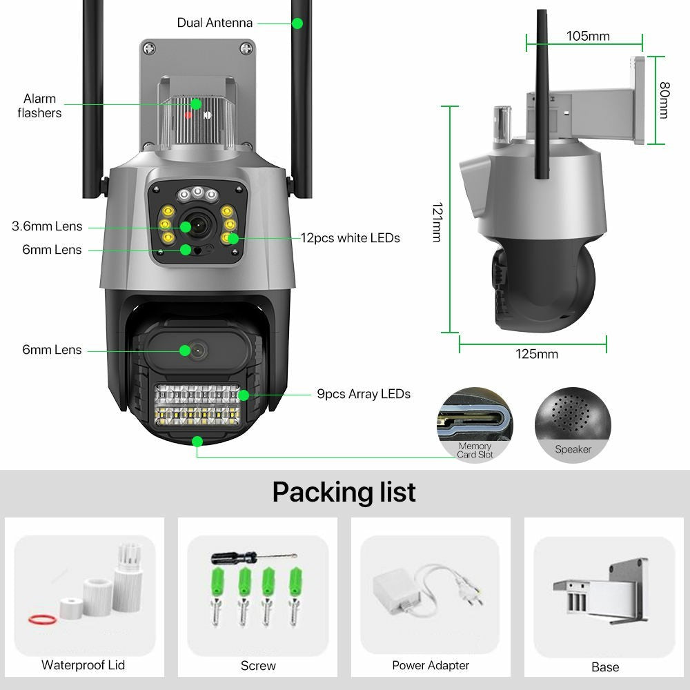 V380 WiFi Dual Lens Dual Screen Security Camera 2MP+2MP HD Outdoor Wireless PTZ IP Surveilance Camera with Night Vision