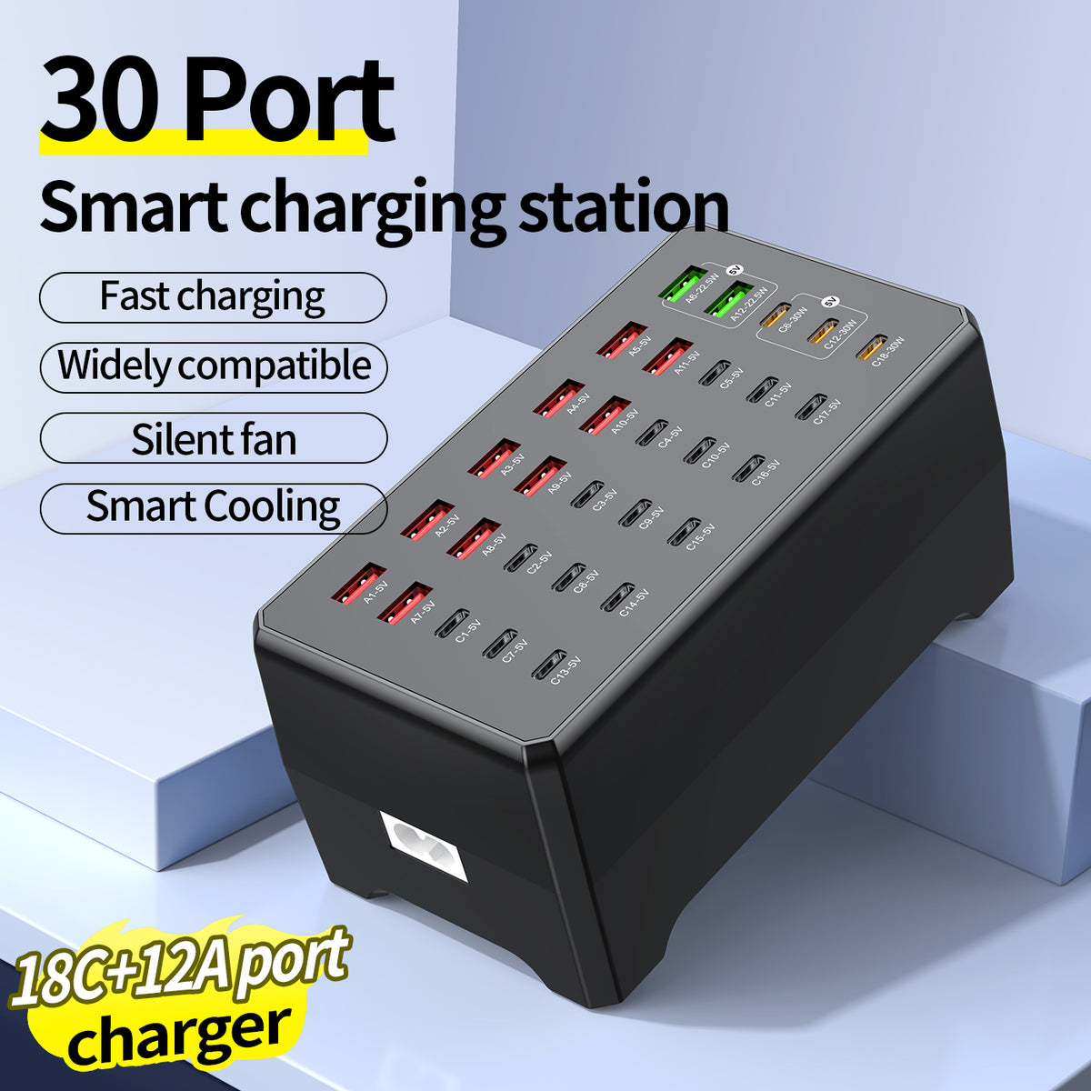 WLX-268F USB-A + Type-C 30-Port Charging Station 30W Fast Charging Desktop Charger Hub for Phone Tablet