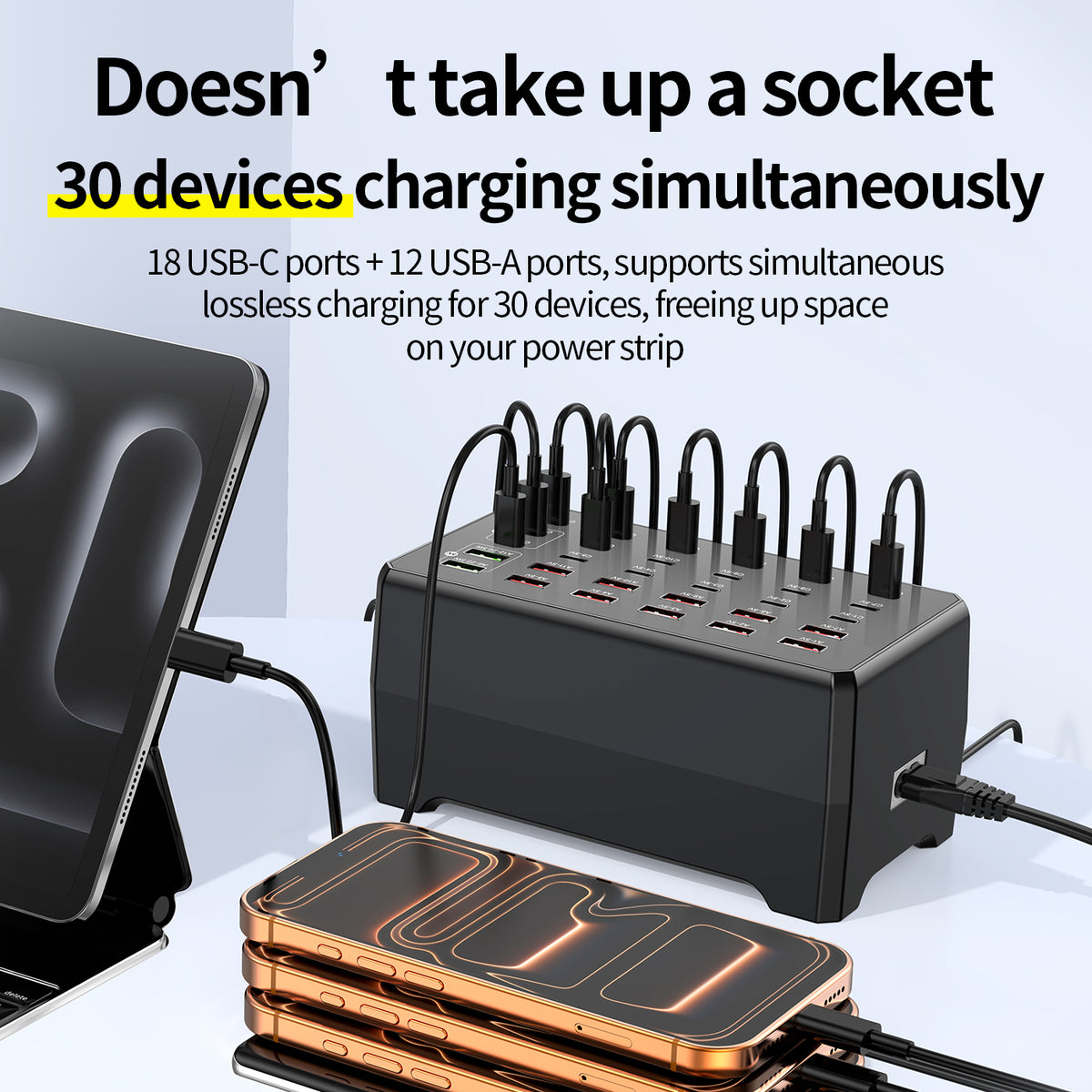 WLX-268F USB-A + Type-C 30-Port Charging Station 30W Fast Charging Desktop Charger Hub for Phone Tablet