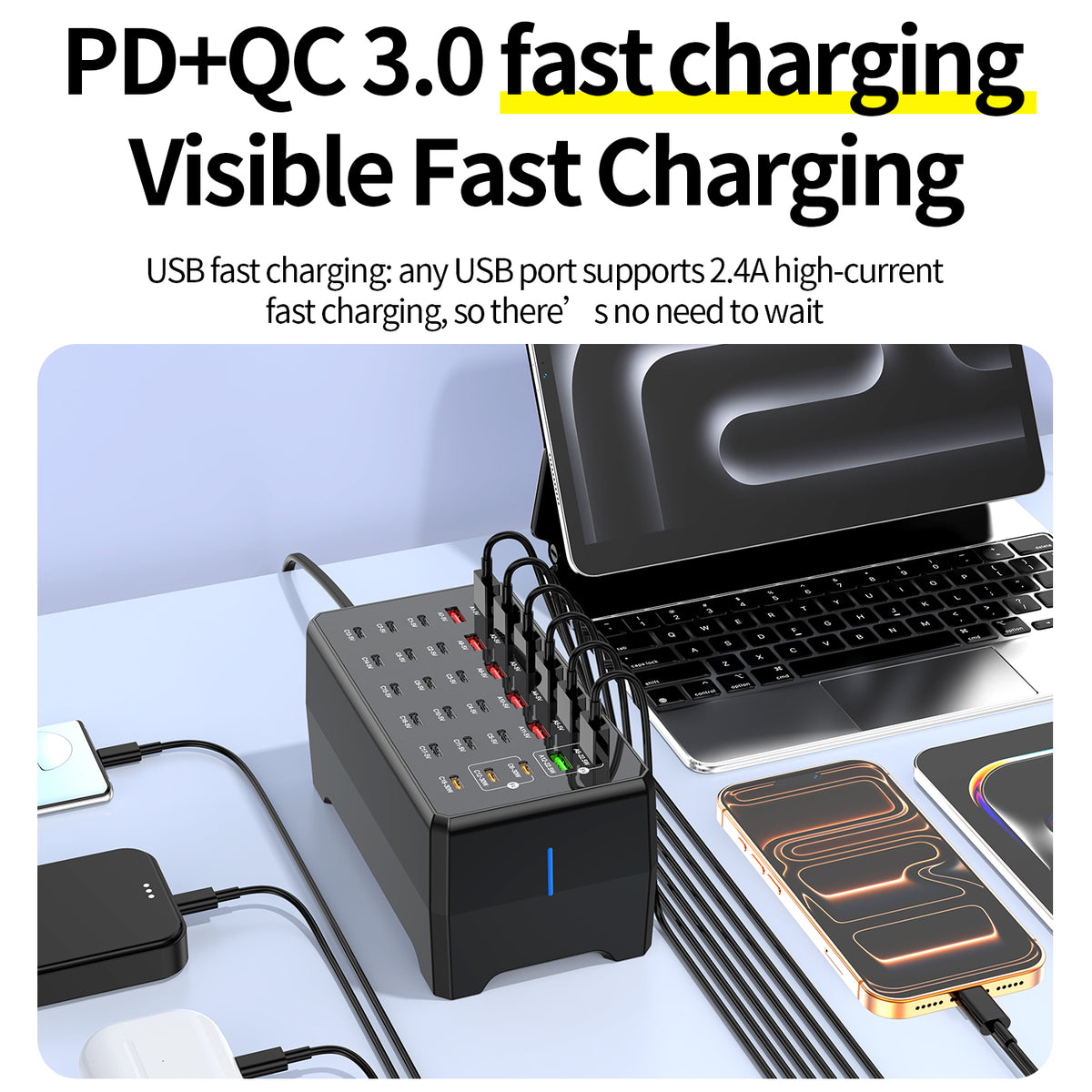 WLX-268F USB-A + Type-C 30-Port Charging Station 30W Fast Charging Desktop Charger Hub for Phone Tablet