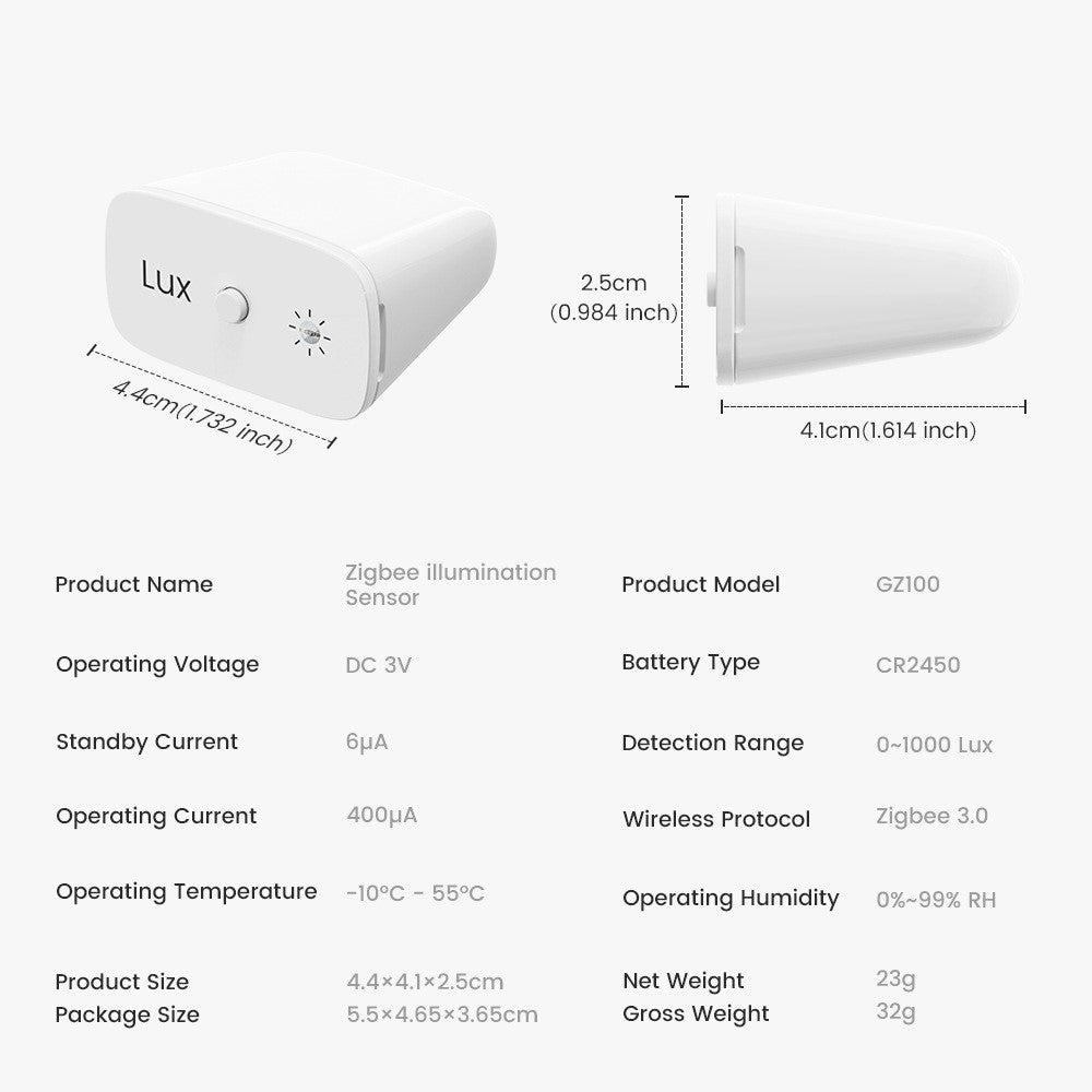 MG-GZ100-W-ZIG Zigbee Light Sensor IP67 Waterproof Wireless Illumination Detector Brightness Sensing Device for Smart Curtain Lighting Control