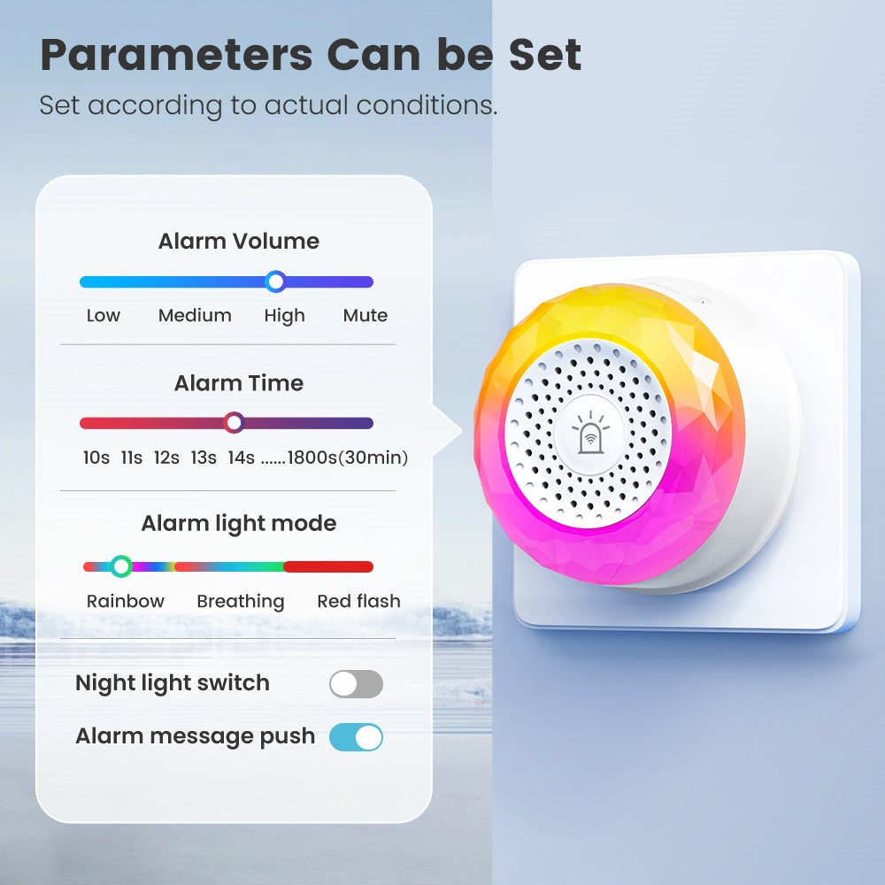 MG-BJQ001 Smart WiFi-sirenlarm 105dB plug-in-säkerhetssensor med 24 röstmeddelanden och RGB-varningslampa