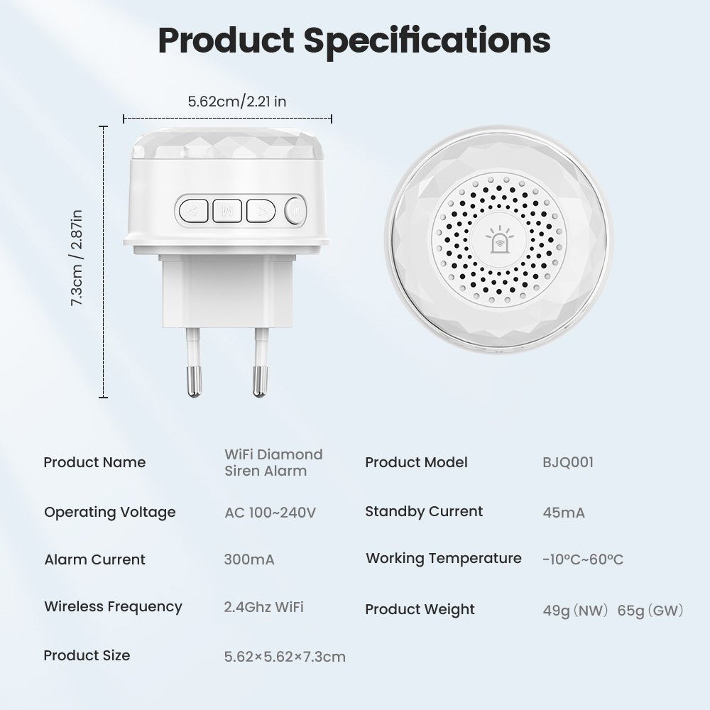 MG-BJQ001 Smart WiFi-sirenlarm 105dB plug-in-säkerhetssensor med 24 röstmeddelanden och RGB-varningslampa