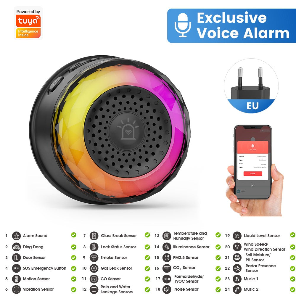 MG-BJQ001 Smart WiFi-sirenlarm 105dB plug-in-säkerhetssensor med 24 röstmeddelanden och RGB-varningslampa