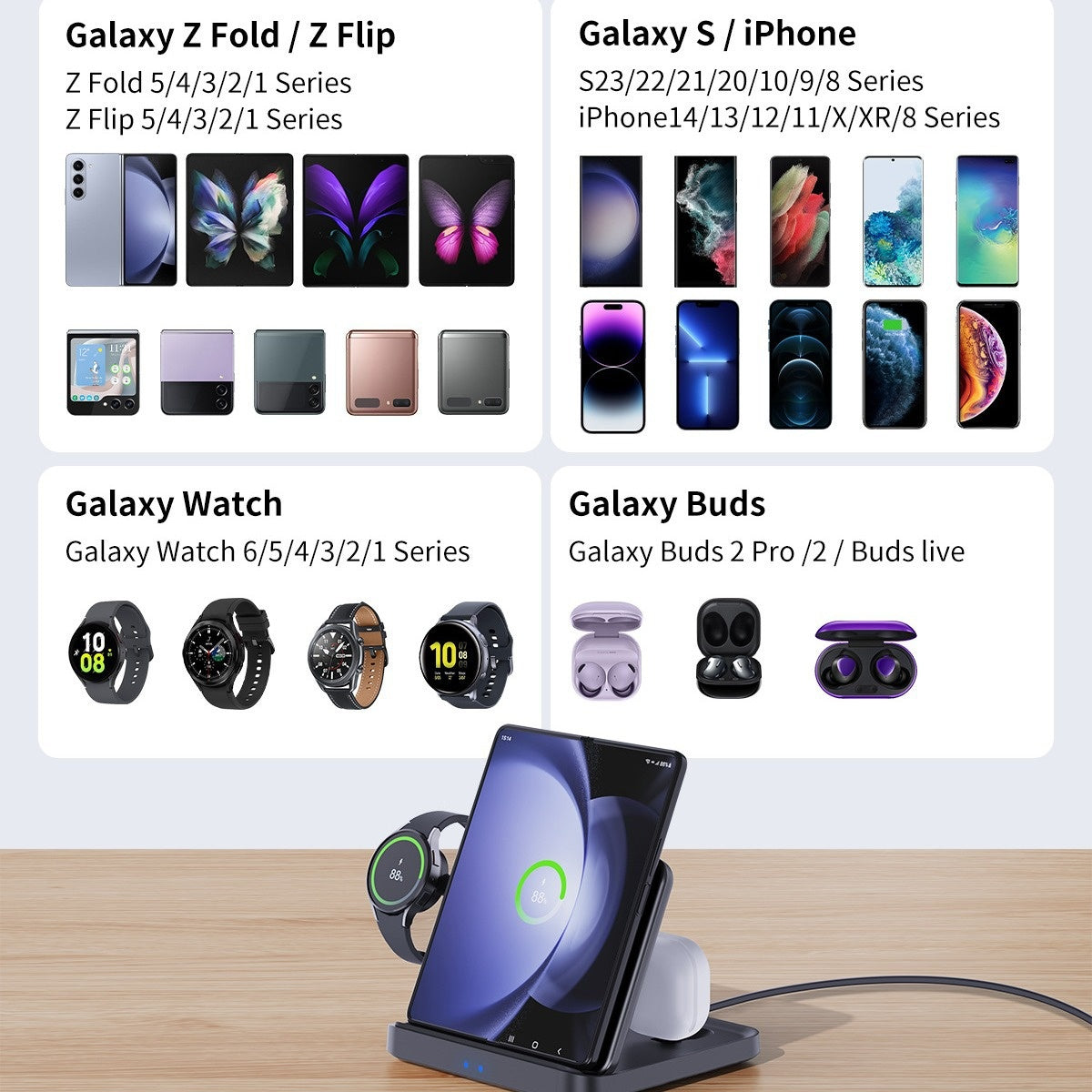 F16S 3-i-1 trådløs oplader til Samsung Galaxy Z Fold/Flip-serien telefoner/smartwatches/øretelefoner foldbar ladestation