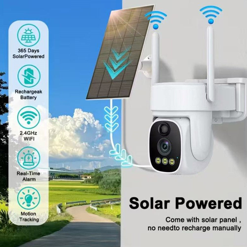 V380 Solar Powered Security Camera Night Vision 3MP HD Outdoor WiFi Surveillance PTZ Camera