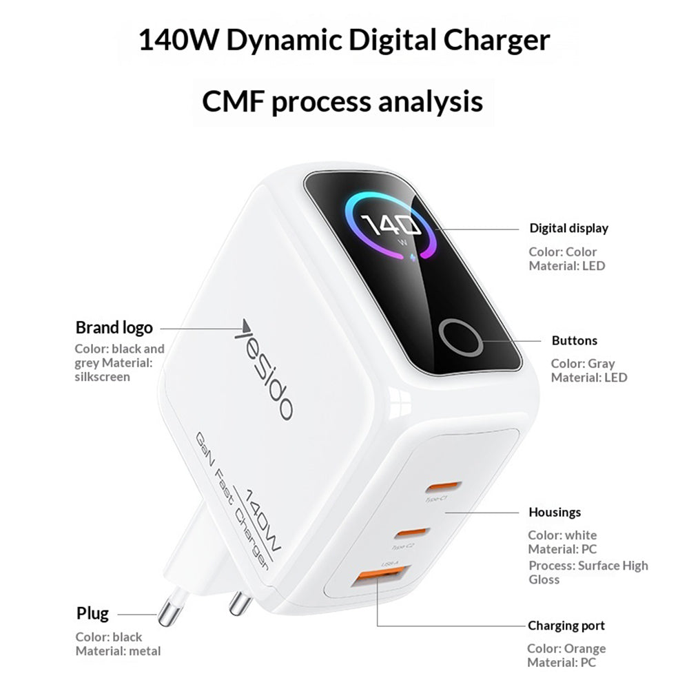 YESIDO YC114 140W GaN Charger PD 3.1 Fast Charging 3-Port Power Adapter with Dynamic Display
