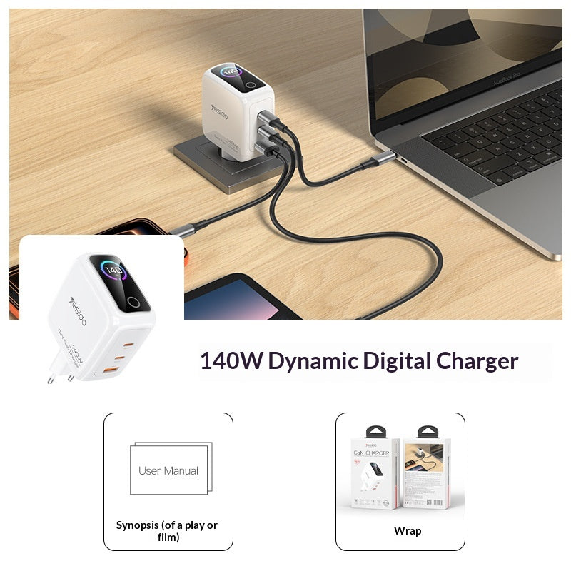 YESIDO YC114 140W GaN Charger PD 3.1 Fast Charging 3-Port Power Adapter with Dynamic Display