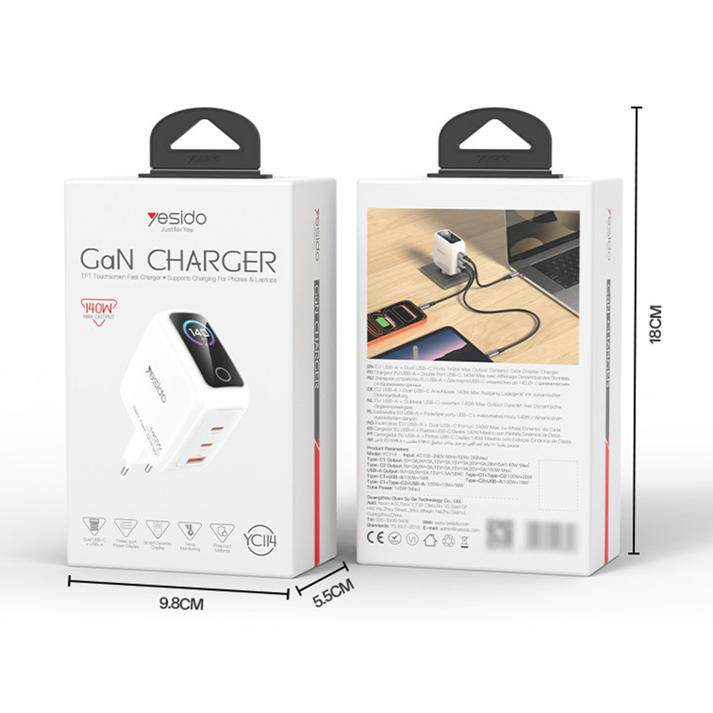 YESIDO YC114 140W GaN Charger PD 3.1 Fast Charging 3-Port Power Adapter with Dynamic Display