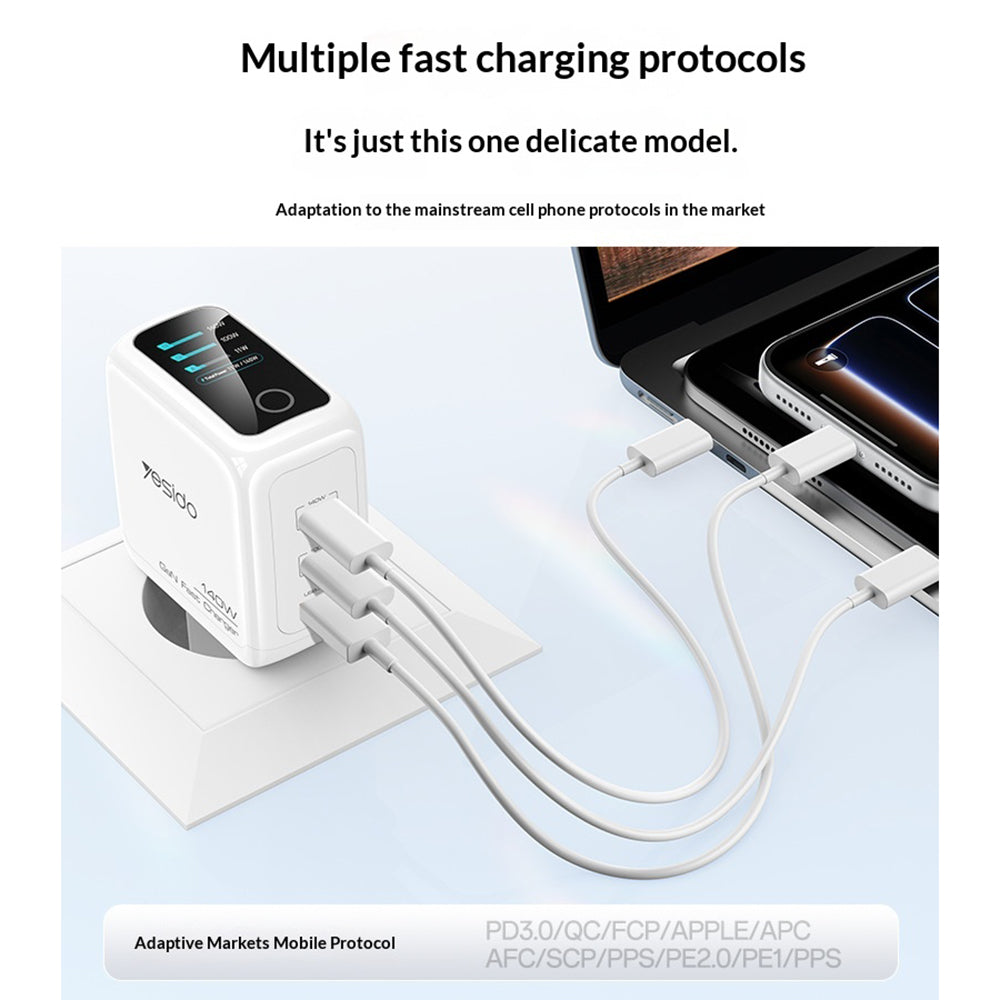 YESIDO YC114 140W GaN Charger PD 3.1 Fast Charging 3-Port Power Adapter with Dynamic Display