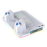8043 Kølestativ med dobbelt controller-opladningsstation til PS5 / PS5 Slim / PS5 Pro med RGB LED-lys og spilopbevaringshylde