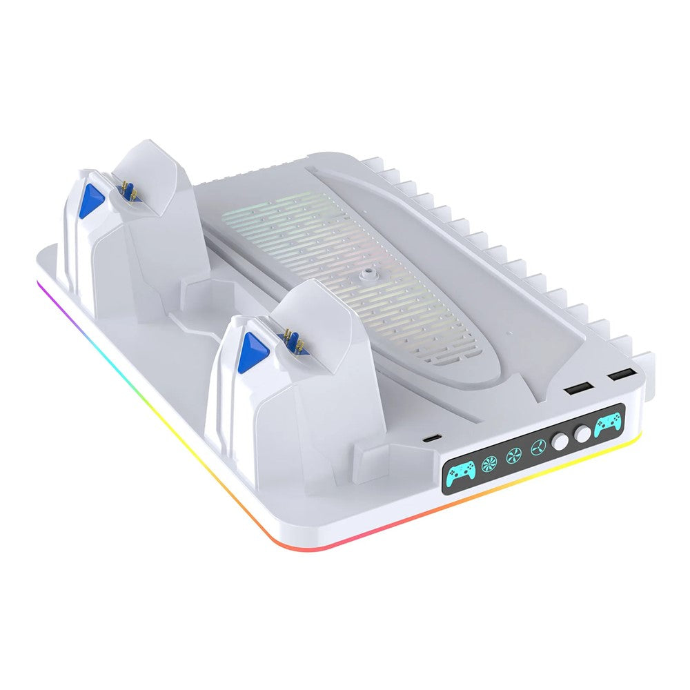 8043 Kølestativ med dobbelt controller-opladningsstation til PS5 / PS5 Slim / PS5 Pro med RGB LED-lys og spilopbevaringshylde