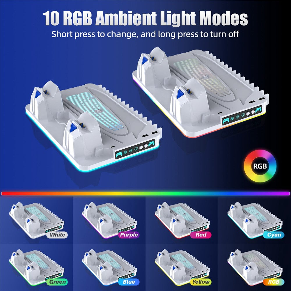 8043 Kølestativ med dobbelt controller-opladningsstation til PS5 / PS5 Slim / PS5 Pro med RGB LED-lys og spilopbevaringshylde