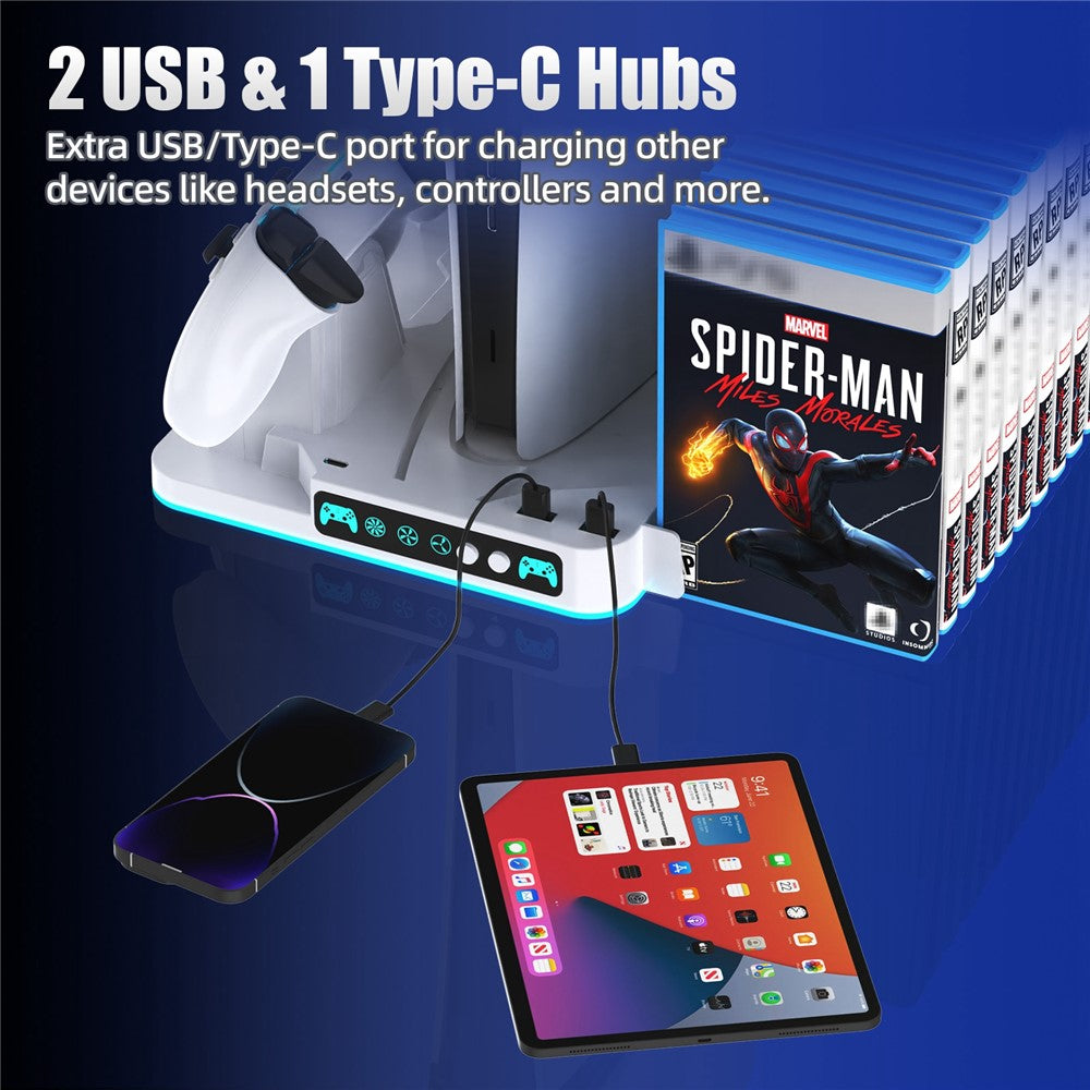 8043 Kølestativ med dobbelt controller-opladningsstation til PS5 / PS5 Slim / PS5 Pro med RGB LED-lys og spilopbevaringshylde