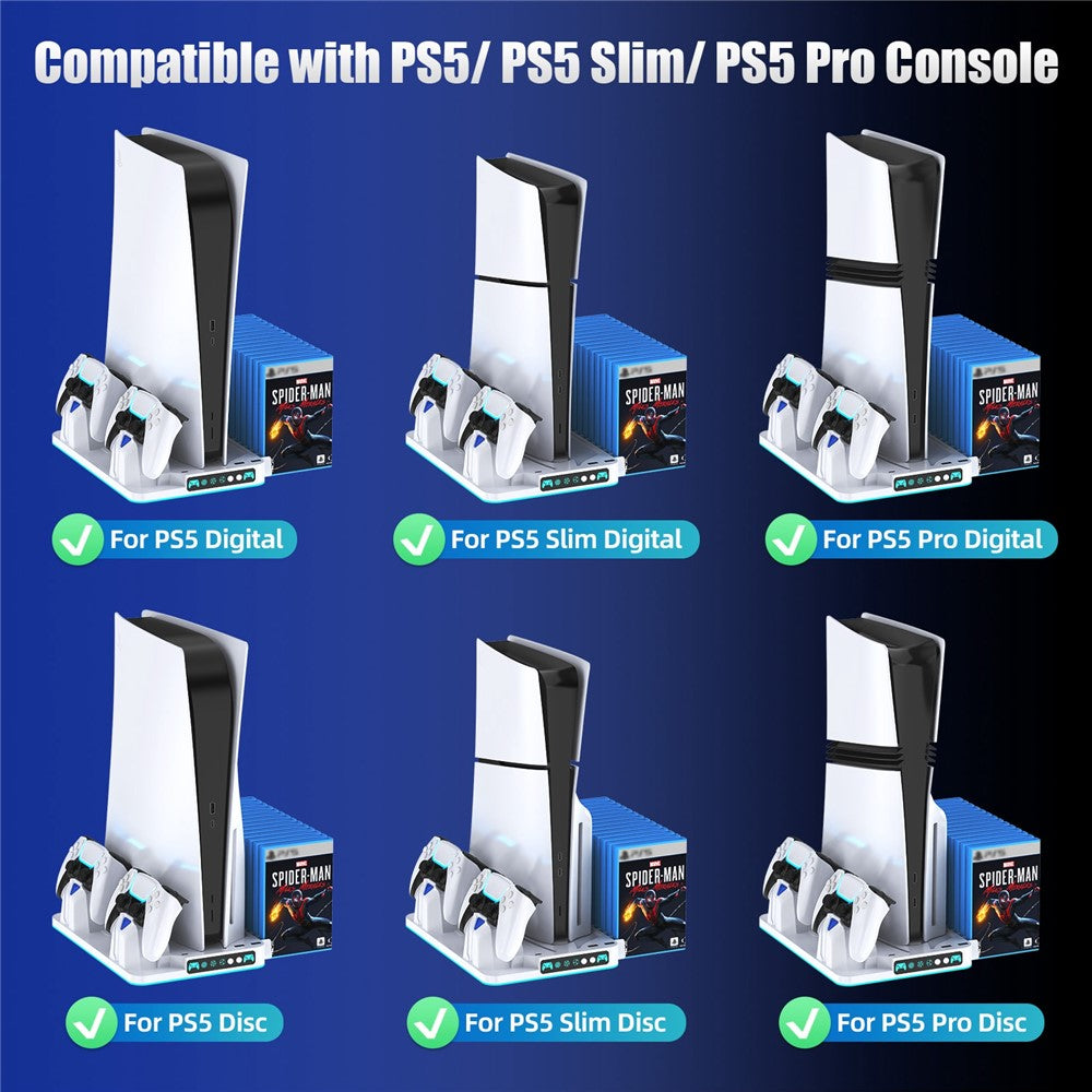 8043 Kølestativ med dobbelt controller-opladningsstation til PS5 / PS5 Slim / PS5 Pro med RGB LED-lys og spilopbevaringshylde