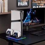 8043 Kølestativ med dobbelt controller-opladningsstation til PS5 / PS5 Slim / PS5 Pro med RGB LED-lys og spilopbevaringshylde
