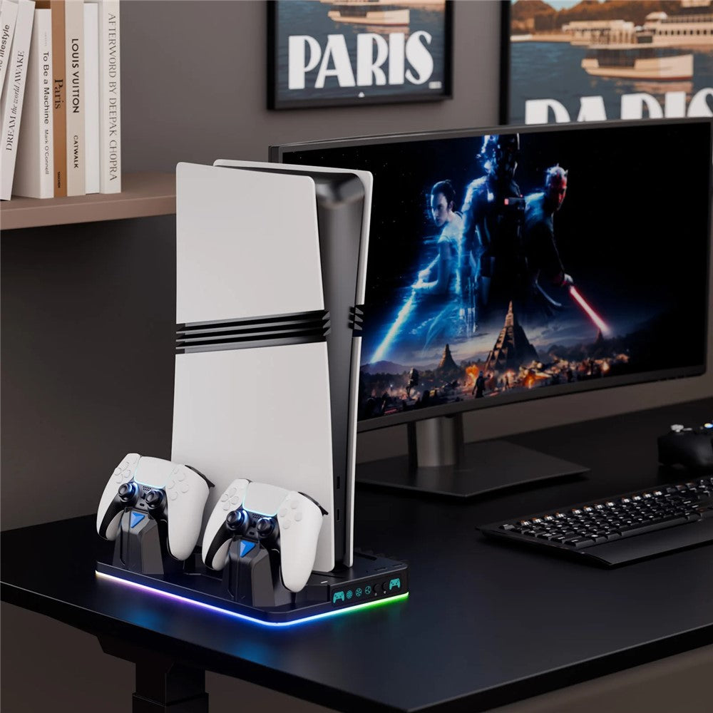 8043 Kølestativ med dobbelt controller-opladningsstation til PS5 / PS5 Slim / PS5 Pro med RGB LED-lys og spilopbevaringshylde