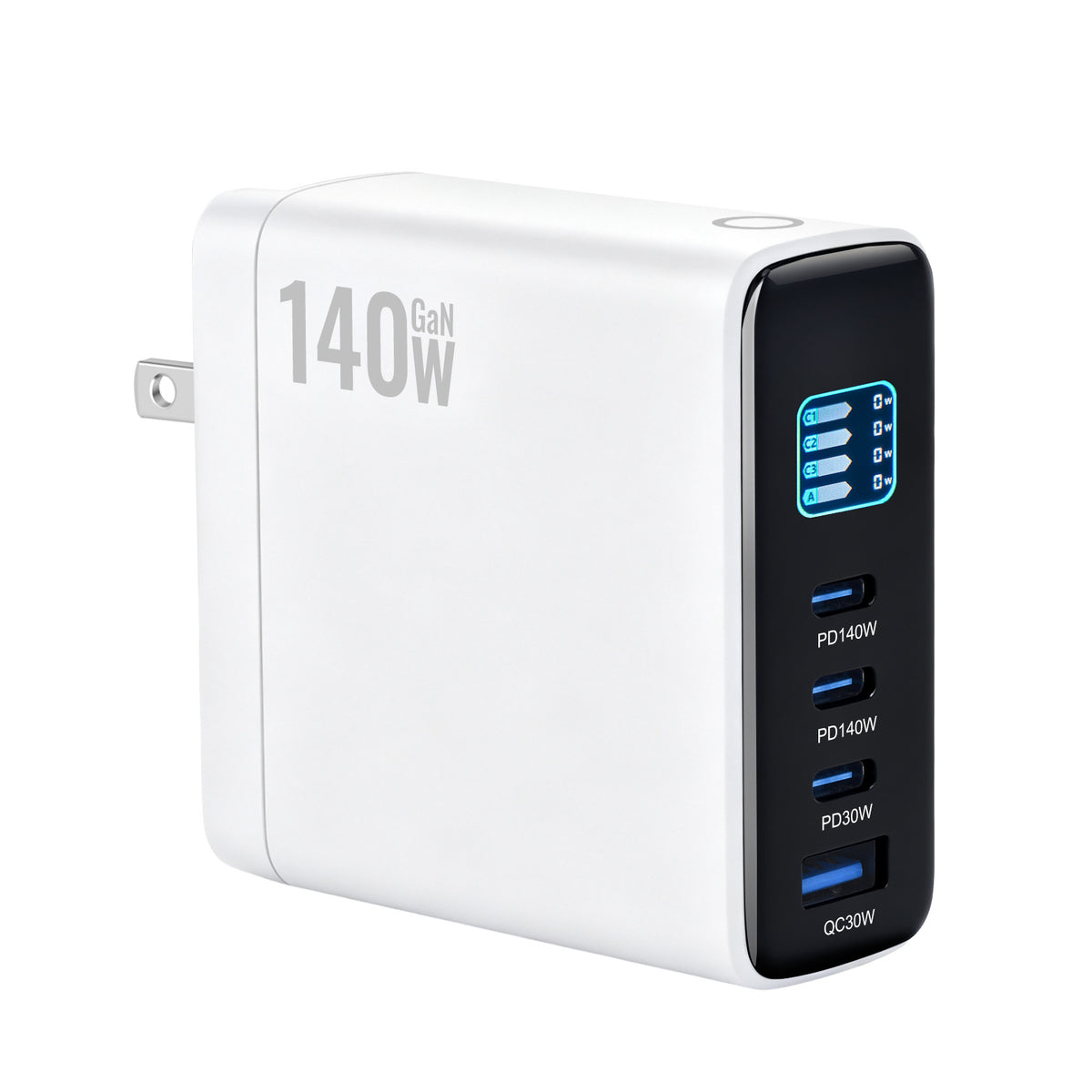 140W GaN vægoplader med TFT-display, 3 USB-C + 1 USB-A hurtigopladende strømadapter, US-stik