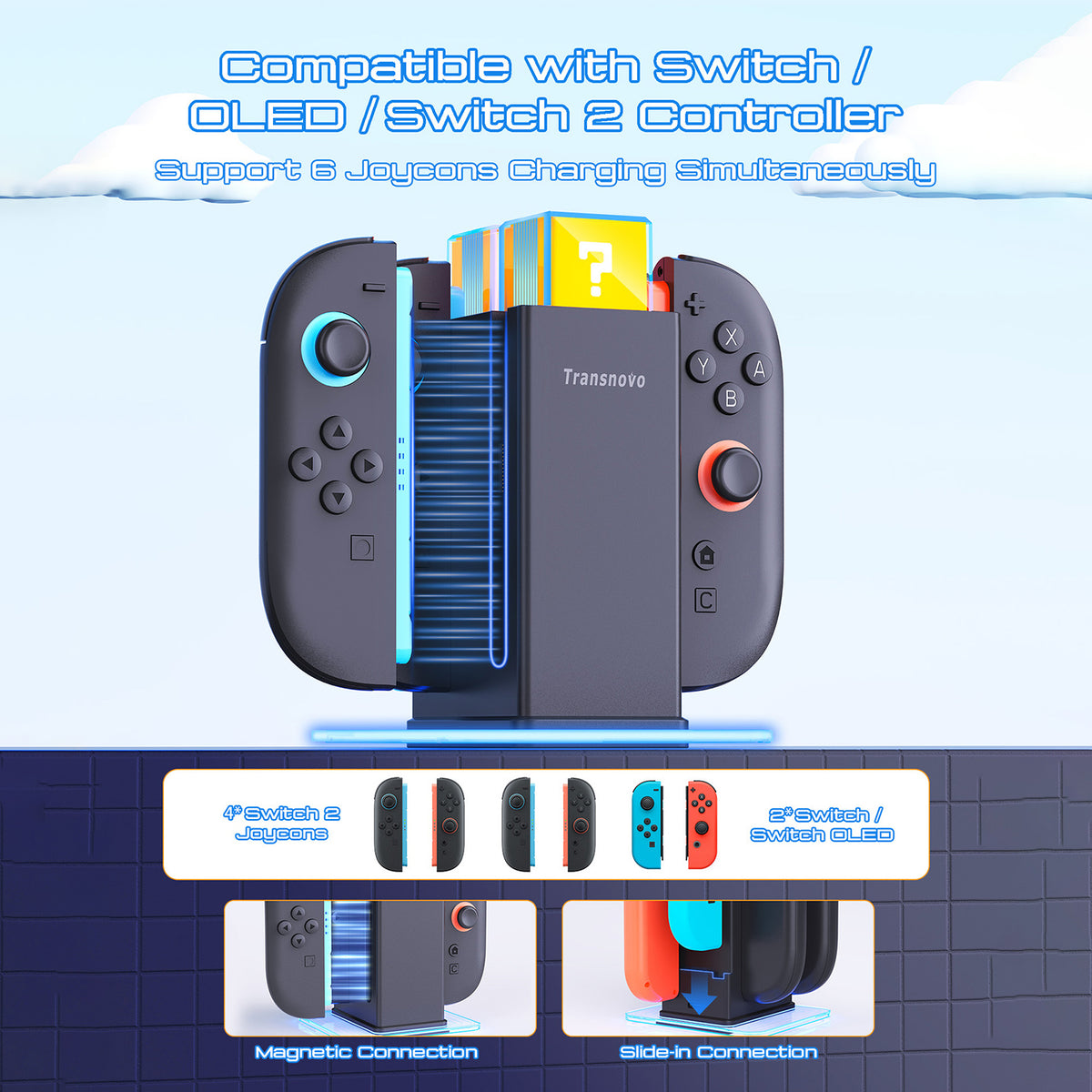 TRANSNOVO S73-018 6 in 1 Charging Dock for Nintendo Switch 2 / OLED / Switch Joy-Con Charger Stand with RGB Light