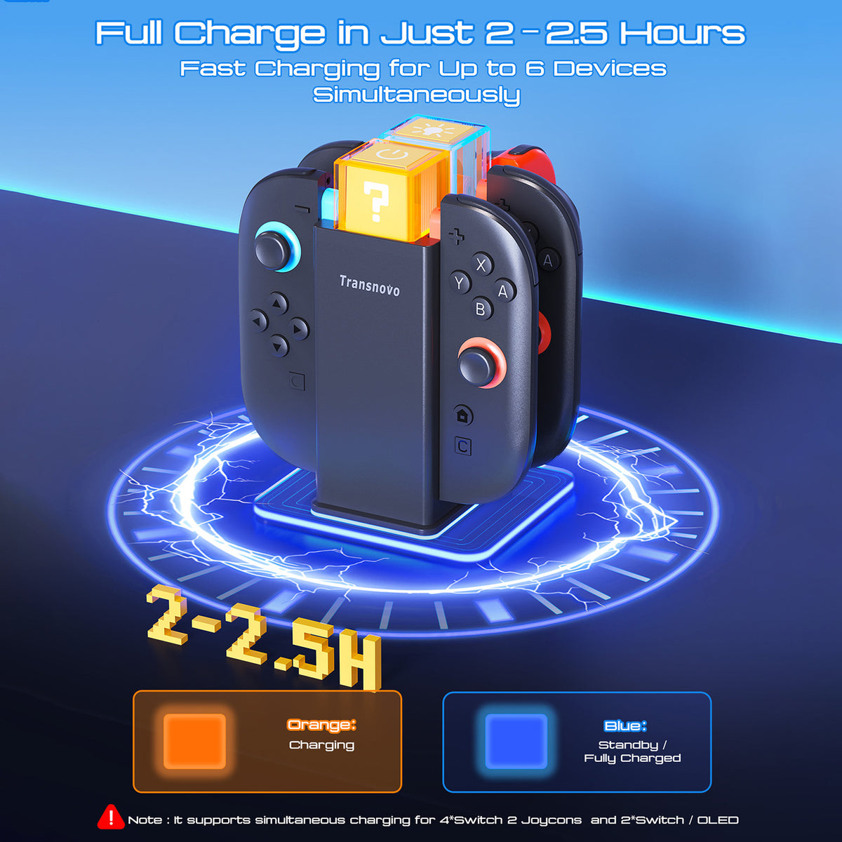 TRANSNOVO S73-018 6 in 1 Charging Dock for Nintendo Switch 2 / OLED / Switch Joy-Con Charger Stand with RGB Light