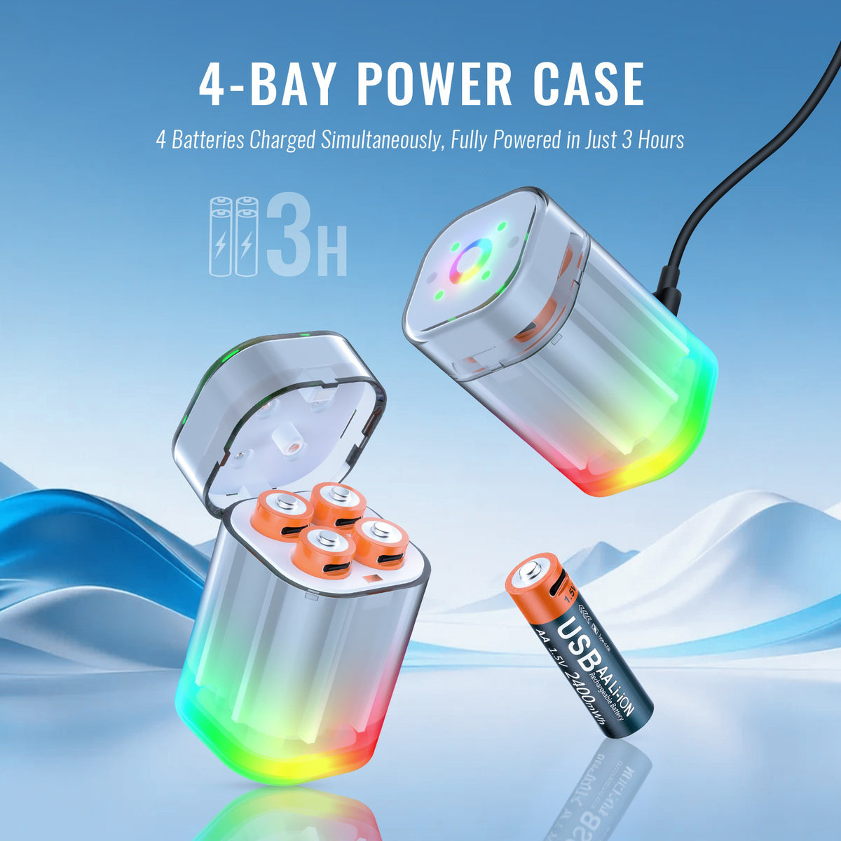 JYS-X160 RGB Lighting 4-Slot Battery Charging Station with 4Pcs 1600mAh AA Lithium Batteries for VR Controllers