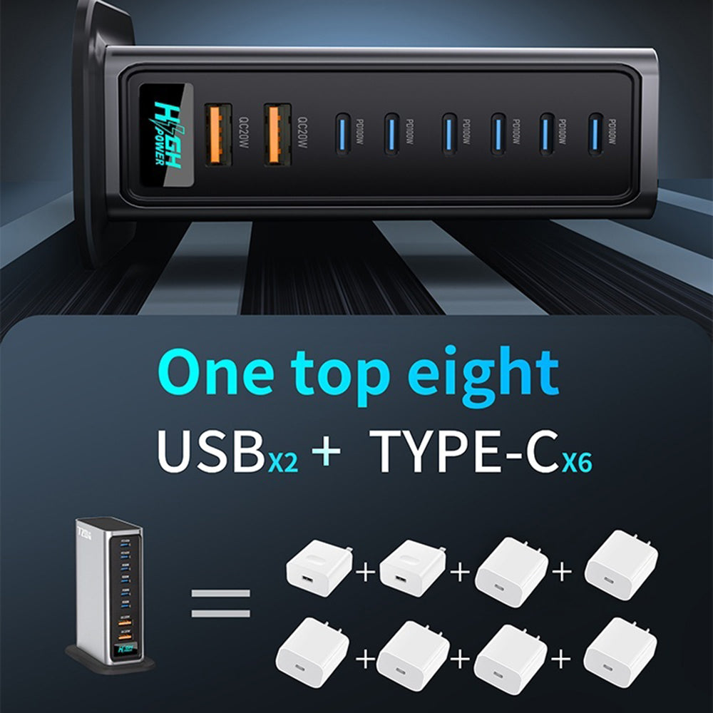 NCC777 140W GaN Desktoplader USB-C + USB-A 8-Port Lynopladningsstation til Bærbar Computer Telefon