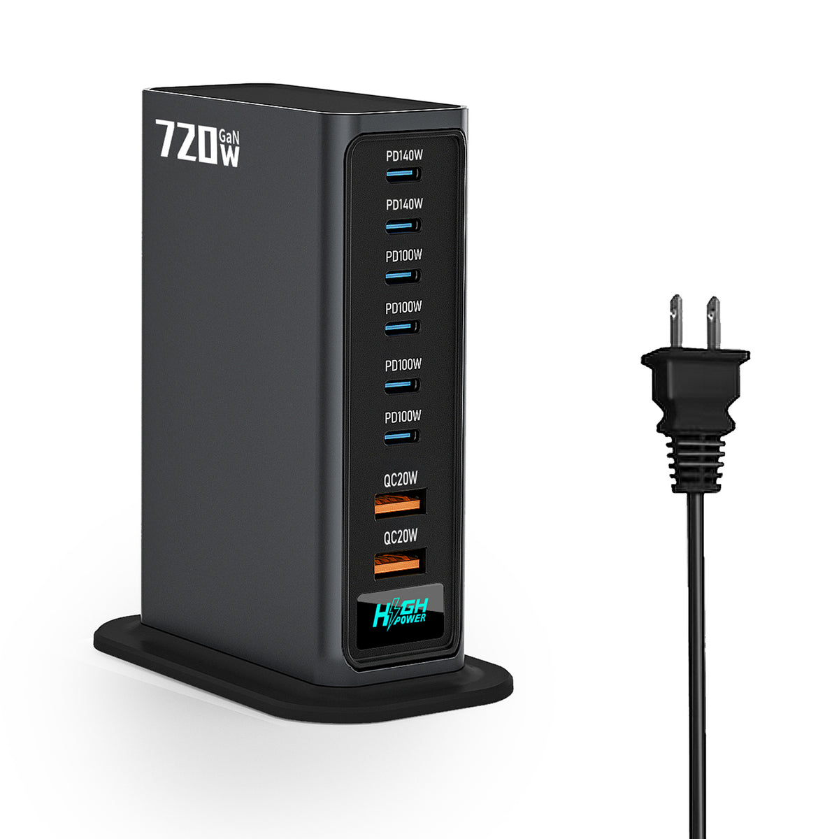 NCC777 140W GaN Desktoplader USB-C + USB-A 8-Port Lynopladningsstation til Bærbar Computer Telefon