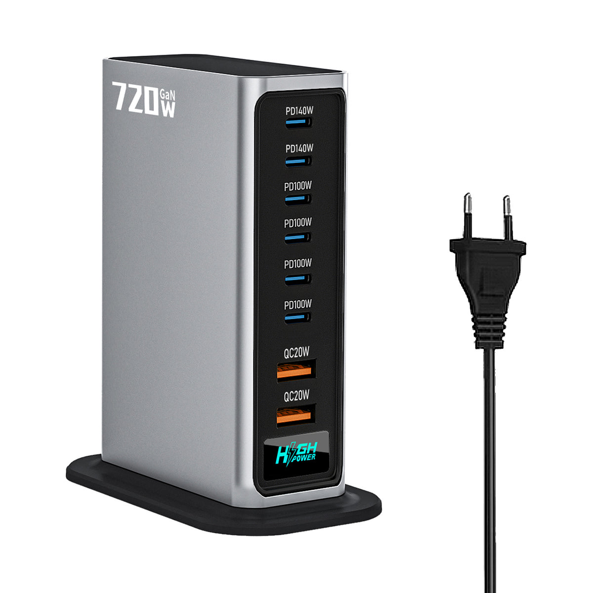 NCC777 140W GaN Desktoplader USB-C + USB-A 8-Port Lynopladningsstation til Bærbar Computer Telefon