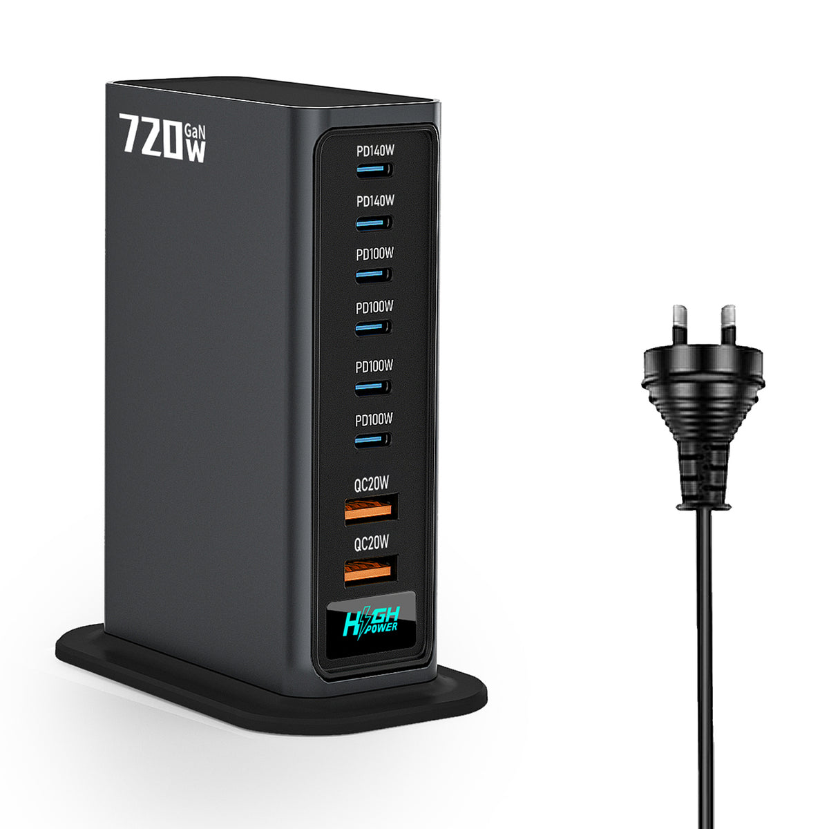 NCC777 140W GaN Desktoplader USB-C + USB-A 8-Port Lynopladningsstation til Bærbar Computer Telefon