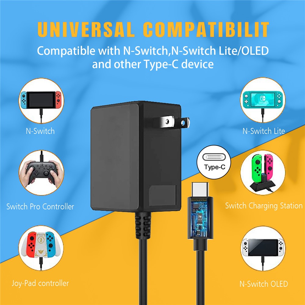 MIMD 2.6A AC Adapter for Nintendo Switch / Lite / OLED Game Controller Type-C Charger with 1.5m Cable